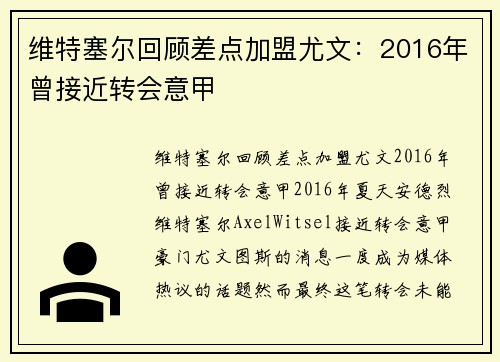 维特塞尔回顾差点加盟尤文：2016年曾接近转会意甲