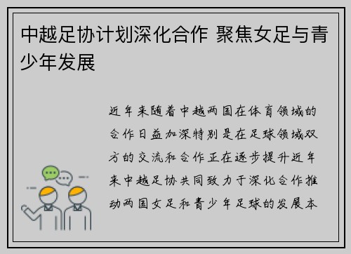 中越足协计划深化合作 聚焦女足与青少年发展