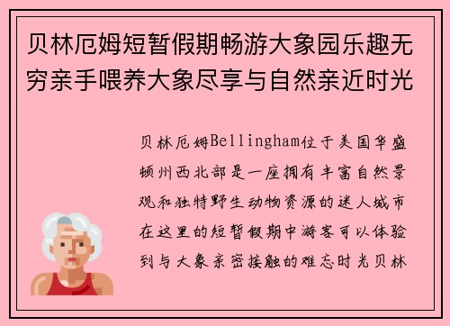 贝林厄姆短暂假期畅游大象园乐趣无穷亲手喂养大象尽享与自然亲近时光